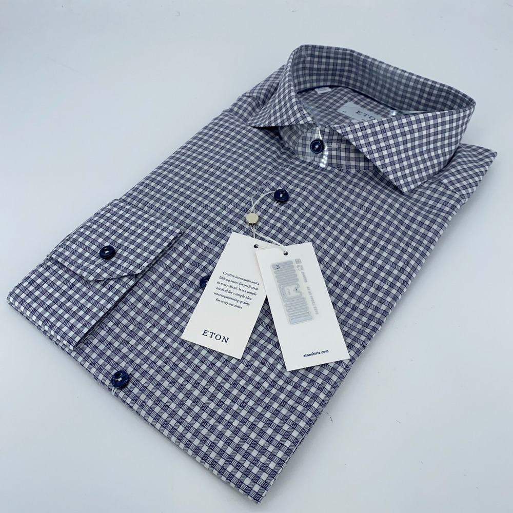Eton Dress Shirt Mens XL 17 - 43 Blue White Plaid Long Sleeve Slim Fit Button Up